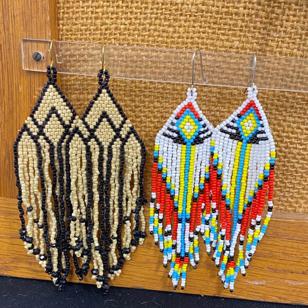 BUNDLE OF 2 - Beaded Fringe Earrings Set - Black, Gold, Multicolor